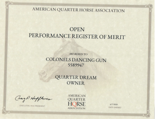 AQHA Certificate Of Merit for Colonels Dancing Gun!